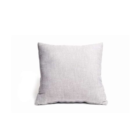 A square, light gray fabric pillow is positioned upright against a white background.