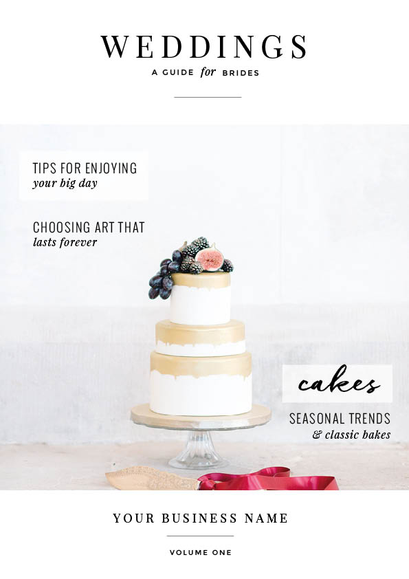 A wedding magazine cover featuring a white and gold tiered cake topped with fruit, surrounded by text about wedding tips, art, and cake trends, with a red ribbon and elegant, minimal design.