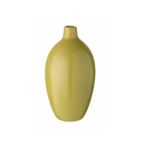 A glossy, olive-green ceramic vase with a narrow opening and a rounded, tapered shape, set against a plain white background.
