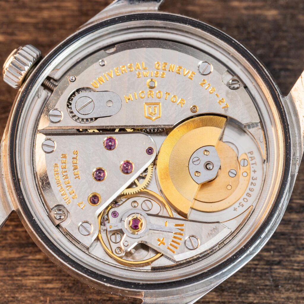 Universal Genève caliber 218-27 Microtor automatic movement showing its inset winding rotor.