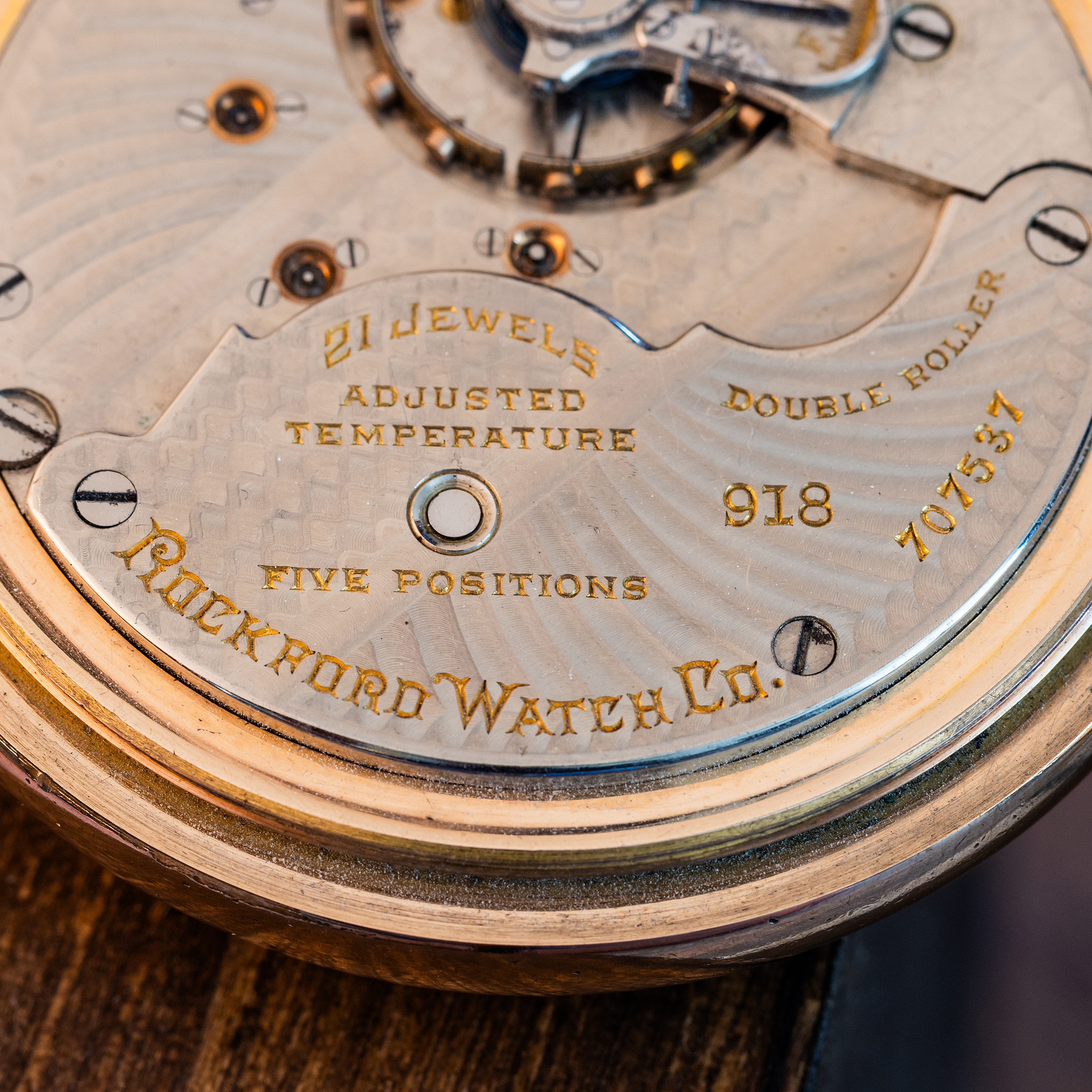 Rockford Grade 918 movement detail with serial 707537 engraved on decorated nickel plates