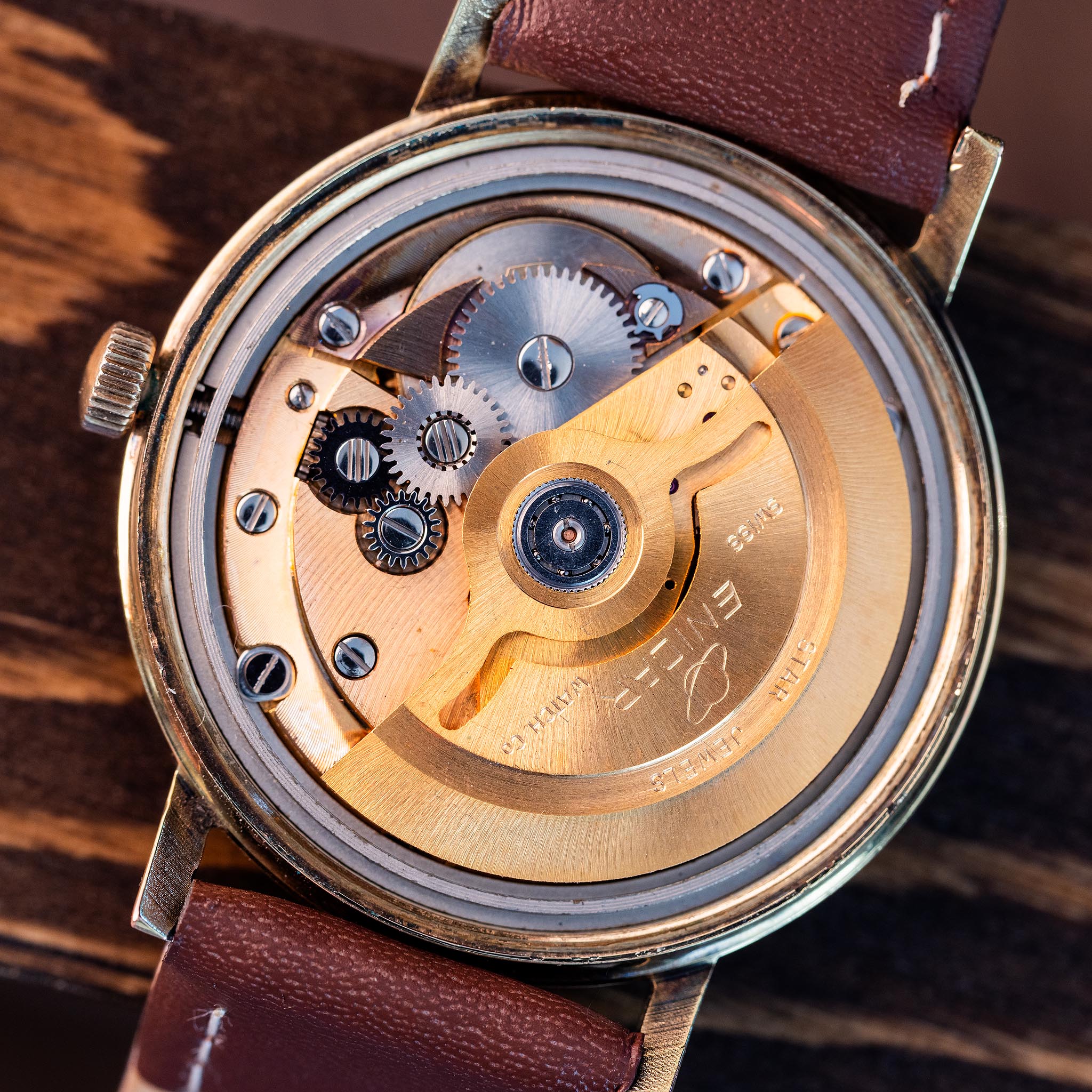 Enicar signed Star Jewels automatic movement inside vintage Ocean Pearl wristwatch case.