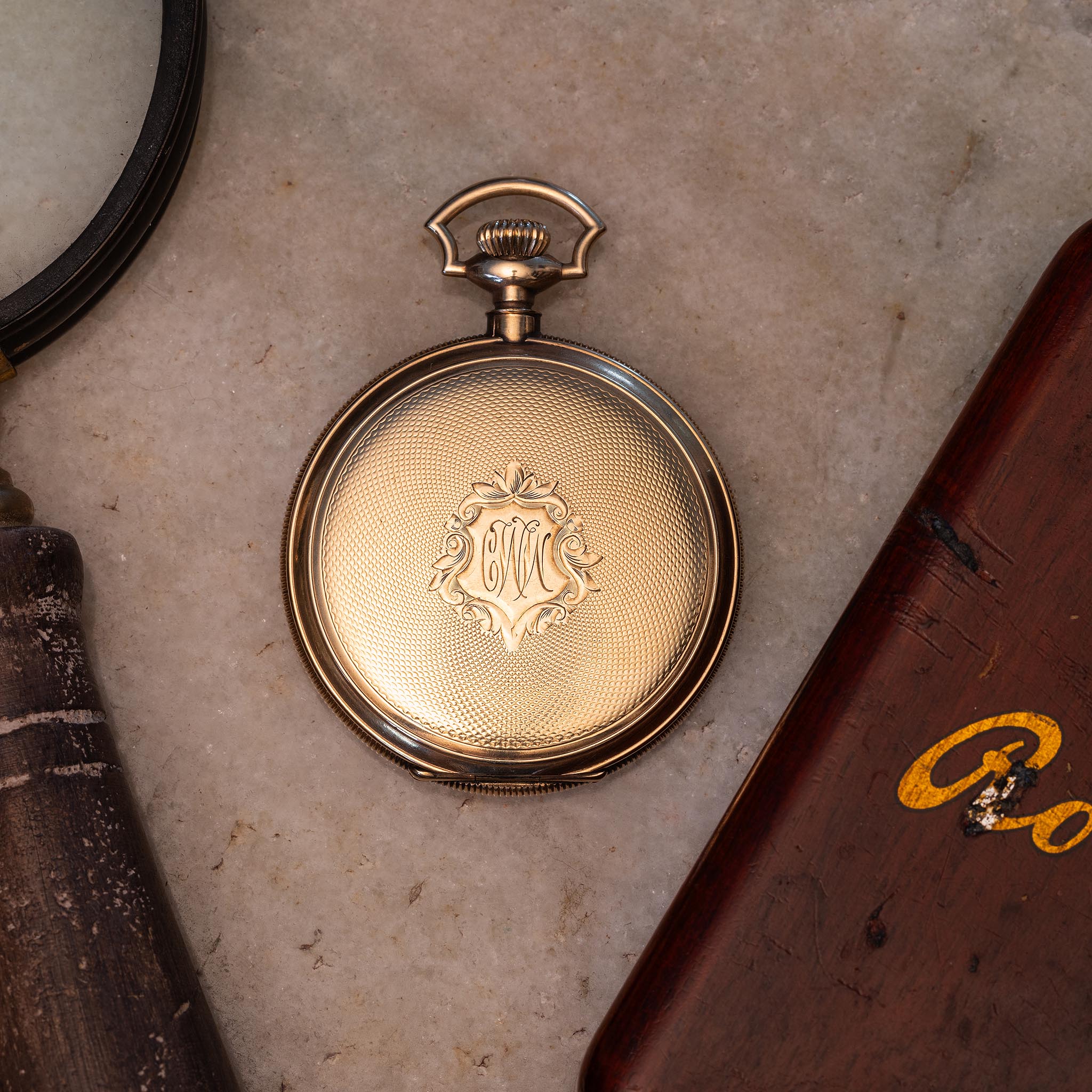Rockford Iroquois Grade 350 Model 1 pocket watch engraved hunting case with monogram and period Rockford box.